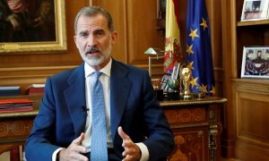 El rey Felipe VI durante su intervención por videoconferencia en la cumbre virtual con la que se conmemora el 75 aniversario de la ONU. EFE/ Francisco Gómez / Casa De S.M El Rey