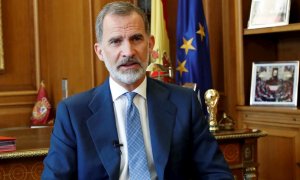 21/09/2020.- El rey de España, Felipe VI, durante su intervención de este lunes en la cumbre virtual con la que se conmemora el 75 aniversario de la ONU y en la que participaron mediante mensajes en vídeo varias decenas de jefes de Estado. EFE/ Francisco