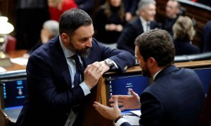 El líder de Vox, Santiago Abascal, y el líder del PP, Pablo Casado, mantienen una conversación en el Congreso | EFE