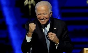 Joe Biden en Delaware celebra que los medios le dan como presidente de EEUU.