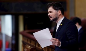 El portavoz de ERC, Gabriel Rufián durante su intervención en el Congreso este jueves durante la segunda jornada de debate a la totalidad de los Presupuestos de 2021.