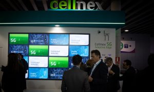 Estand de Cellnex, en el recinto ferial del Mobile World Congress de Barcelona de 2019. E.P./David Zorrakino