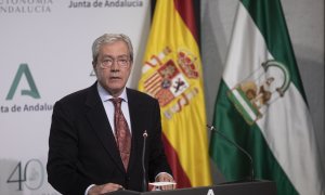 El consejero andaluz de Transformación Económica, Industria, Conocimiento y Universidades, Rogelio Velasco, durante una rueda de prensa. E.P./María José López