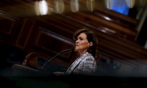 02/12/2020.- La vicepresidenta primera del Gobierno, Carmen Calvo durante el debate del proyecto de presupuestos generales del Estado para 2021 en el Congreso este miércoles. EFE/J.J. Guillén