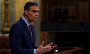 El presidente del Gobierno, Pedro Sánchez, al inicio de su comparecencia este miércoles a petición propia para informar de los dos últimos consejos europeos y de la situación en que se encuentra España en este momento de la pandemia, a las puertas de la N