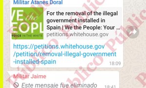 Mensaje en el chat de la IX Promoción de Artillería en el que el subteniente Javier Atanes Doral comparte la petición a la Casa Blanca, que han firmado más de 5.000 personas, pidiendo que el Ejército de EEUU derroque al Gobierno de Sánchez y tome el poder