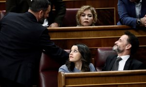 El portavoz adjunto de Ciudadanos en el Congreso, Edmundo Bal (d), la líder de Ciudadanos Inés Arrimadas (c), y el líder de Vox Santiago Abascal (i), durante la segunda jornada del debate de su investidura como presidente del Gobierno este domingo en el C