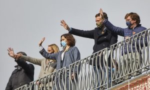 De izquierda a derecha, la senadora del PP Ana Camins, la presidenta de la Comunidad de Madrid, Isabel Díaz Ayuso, el presidente del PP, Pablo Casado, y el alcalde de Madrid y portavoz nacional del partido, José Luis Martínez-Almeida.