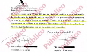 Final de la respuesta de Hacienda al atestado policial sobre las cuentas del Grupo Cursach, aduciendo que no se le envió el material que haía pasado un año en una caja sin abrir en la Agencia Tributaria de Palma de Mallorca.