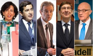 De izquierda a derecha, Ana Botín(Banco Santander), Carlos Torres (BBVA), Jordi Gual (Caixabank), José Ignacio Goirigolzarri (Bankia), y Josep Oliú (Banco Sabadell).