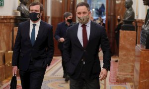 17/02/2021.- El líder de Vox, Santiago Abascal (d), junto al portavoz del partido en el Congreso, Iván Espinosa de los Monteros (i), a su llegada al Congreso de los Diputados para asistir a la sesión de control que se celebra este miércoles. El presidente