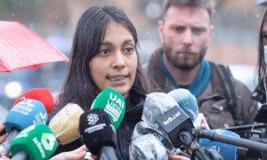 22/02/2021. La abogada del rapero Pablo Hasel, Alejandra Matamoros durante la rueda de prensa ante el centro penitenciario de Ponent, en Lleida. -EFE