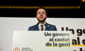 Pere Aragonès durant la conferència d'aquest dijous a Barcelona.