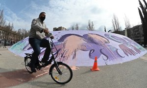 Vista del mural feminista de Alcalá de Henares, Madrid que ha amanecido este domingo con pintadas tras ser inaugurado ayer por la vicepresidenta del Gobierno, Carmen Calvo.