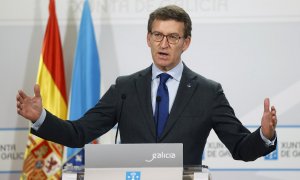 El presidente de la Xunta, Alberto Núñez Feijóo, durante la rueda de prensa que ofreció tras la reunión del consello, esta mañana en Santiago de Compostela.