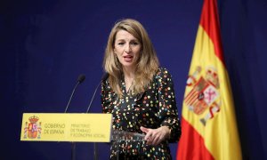 La ministra de Trabajo y Economía Social, Yolanda Díaz, este jueves en la sede del Ministerio en Madrid.