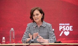 La secretaria de Igualdad del PSOE y vicepresidenta primera del Gobierno, Carmen Calvo, durante su participación en unas unas jornadas organizadas por el PSOE.