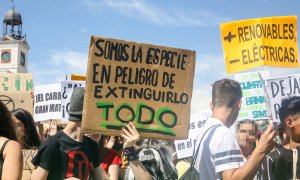 24/05/2019.- Un estudiante sujeta un cartel en el que se lee "Somos la especie en peligro de extinguirlo todo", durante una protesta en Madrid del movimiento 'Fridays for Future' contra el cambio climático. Ricardo Rubio / Europa Press