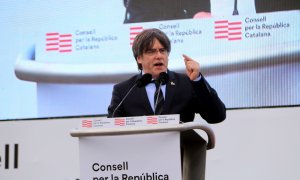 L'expresident Carles Puigdemont durant el seu discurs a l'acte del Consell per la República a Perpinyà. Imatge del 29 de febrer del 2020.