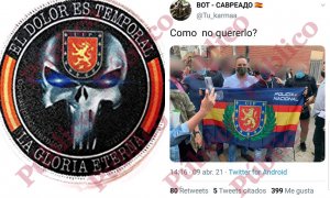 Parche bordado del "Castigador" con  el escudo de las UIP en la frente de la calavera y el líder de Vox, Santiago Abascal, con la bandera de las UIP, tras los incidentes de Vallecas.