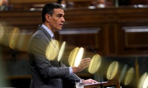 14/04/2021.- El presidente del Gobierno, Pedro Sánchez durante su intervención este miércoles al Congreso donde defenderá el Plan de Recuperación, Transformación y Resiliencia de la economía para hacer frente a la crisis provocada por la pandemia de coron