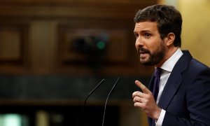 El líder del Partido Popular, Pablo Casado durante su intervención este miércoles al Congreso donde el Gobierno ha defendido el Plan de Recuperación, Transformación y Resiliencia de la economía para hacer frente a la crisis provocada por la pandemia de co