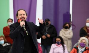 El candidato de Unidas Podemos a la Presidencia de la Comunidad de Madrid, Pablo Iglesias, participa en un acto de campaña celebrado este domingo 25 de abril de 2021 en Collado Villalba.