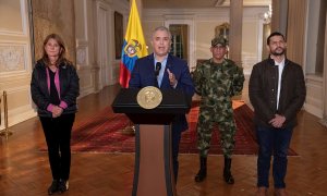 01/05/2021. El presidente de Colombia, Iván Duque, la vicepresidenta Marta Lucía Ramírez, el comandante del Ejército Mayor, Eduardo Enrique, y el ministro de Interior, Manuel Palacios, en la Casa de Nariño, Bogotá. - EFE