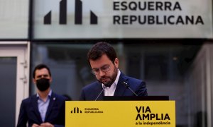 El candidato de ERC a la presidencia de la Generalitat, Pere Aragonès, en su intervención este fin de semana en la que anunció que iniciarán la legislatura "con un Govern en solitario" ante la imposibilidad de avanzar "hacia un acuerdo definitivo" con JxC