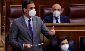 12/05/2021.- El presidente del Gobierno, Pedro Sánchez, durante su intervención en la sesión de control al Ejecutivo de este miércoles en el Congreso, la primera tras el fin del estado de alarma. EFE/ Chema Moya