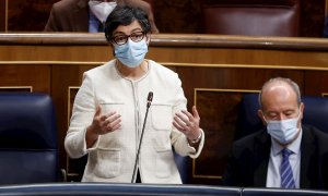 12/05/2021.- La ministra de Asuntos Exteriores, Arancha González Laya, durante su intervención en la sesión de control al Ejecutivo de este miércoles en el Congreso, la primera tras el fin del estado de alarma. EFE/ Chema Moya