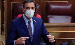 19/05/2021.- El presidente del Gobierno, Pedro Sánchez, durante su intervención en la sesión de control al Ejecutivo de este miércoles en el Congreso marcada por la crisis migratoria con Marruecos. EFE/ Fernando Alvarado