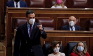 26/05/2021.- El presidente del Gobierno, Pedro Sánchez, durante su intervención en la sesión de control al Ejecutivo de este miércoles en el Congreso. EFE/ Emilio Naranjo