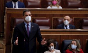 26/05/2021.- El presidente del Gobierno, Pedro Sánchez, durante su intervención en la sesión de control al Ejecutivo de este miércoles en el Congreso. EFE/ Emilio Naranjo