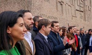 Pablo Casado y Santiago Abascal en la concentración en la Plaza de Colón (Madrid) bajo el lema 'Por una España unida' celebrada en febrero de 2019.