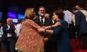 Imagen de julio de 2018 de María Dolores de Cospedal, Mariano Rajoy, y Soraya Sáenz de Santamaría, en el XIX Congreso Extraordinario del partido, en el que se eligió como presidente a Pablo Casado. E.P./Eduardo Parra