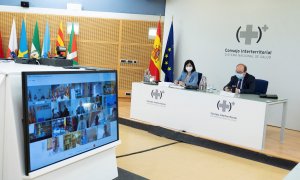 La ministra de Sanidad, Carolina Darias, preside por videoconferencia, junto al ministro de Política Territorial y Función Pública, Miquel Iceta, la reunión del Consejo Interterritorial del Sistema Nacional de Salud, este miércoles en Madrid.