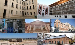 De izquierda a derecha y de arriba a abajo, el Palacio Duquesa de Sueca, el frontón Beti Jai, la antigua Fábrica de Tabacos de Madrid, el Centro Militar de Farmacia, el edificio Prado 30, los Fortines de Mata Espesa y la Nave Daoiz y Velarde.