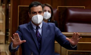 16/06/2021.- El presidente del Gobierno, Pedro Sánchez interviene durante la sesión de control del Congreso celebrada este miércoles y con los indultos casi como asunto monográfico. EFE/Chema Moya