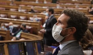 El líder del PP, Pablo Casado, en una sesión de control al Gobierno en el Congreso de los Diputados, a 23 de junio de 2021.