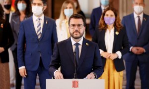 El president de la Generalitat, Pere Aragonès, durante la declaración institucional que ha realizado este martes.