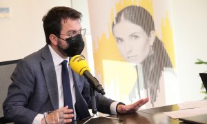 El president del Govern, Pere Aragonès, durant l'entrevista a Catalunya Ràdio a Madrid, el 30 de juny de 2021.