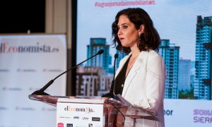 La presidenta de la Comunidad de Madrid, Isabel Díaz Ayuso, durante la jornada inmobiliaria 'El sector como motor económico de España'.