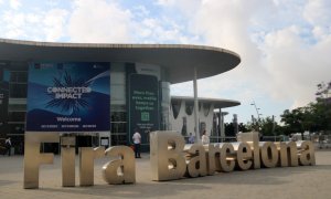 Una imatge de la Fira de Barcelona el dia d'inici del MWC 2021.