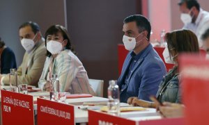 El secretario general y presidente del Gobierno, Pedro Sánchez (2i), junto a la presidenta del partido, Cristina Narbona (3d); la vicesecretaria general, Adriana Lastra (d), y el secretario de Organización, José Luis Ábalos (i), durante la reunión del Com