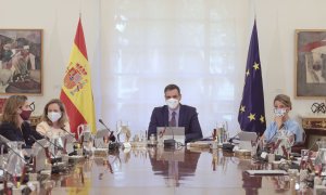 Pedro Sánchez, Teresa Ribera, Yolanda Díaz,  Nadia Calviño en la primera reunión ministerial.