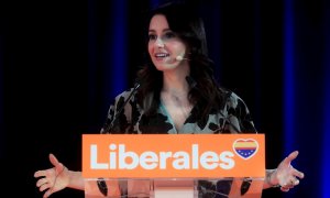 La líder de Ciudadanos, Inés Arrimadas, durante su intervención en la primera Convención política de la formación naranja, este sábado en Madrid. - EFE