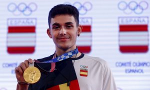 Alberto Ginés, campeón olímpico en escalada en los JJOO Tokio 2020, durante la rueda de prensa que ha ofrecido hoy en Madrid