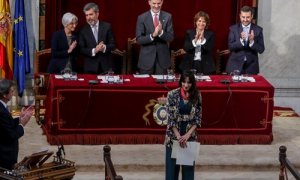 08/01/2019. (I-D) La fiscal general del Estado, María José Segarra; el presidente del Tribunal Supremo y del Consejo General del Poder Judicial, Carlos Lesmes; el rey Felipe VI; la ministra de Justicia, Dolores Delgado; el director de la Escuela Judicial