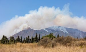 Columna de humo del incendio de Sierra Bermeja, desde el puesto de mando avanzado, que afecta a la localidad de Estepona (Málaga).